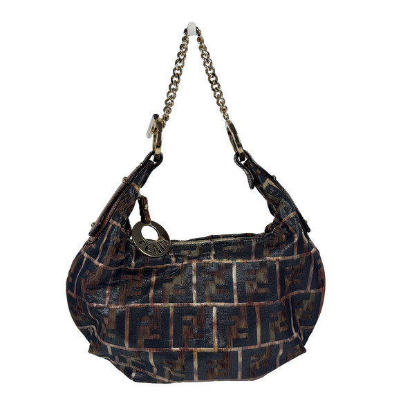 Fendi Brown & Black Metallic Zucca Monogram Canvas Chef Hobo Mini Chain Bag - Picture 1 of 7